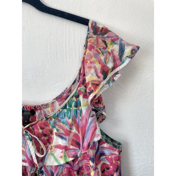 J Crew Tropical Floral Multicolor Top Blouse 10 Ruffles Flutter Sleeve Neck Tie - Picture 5 of 7